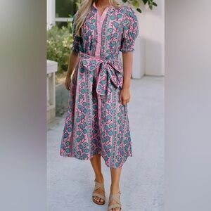 Floral Pink and Blue Midi Dress nwt
